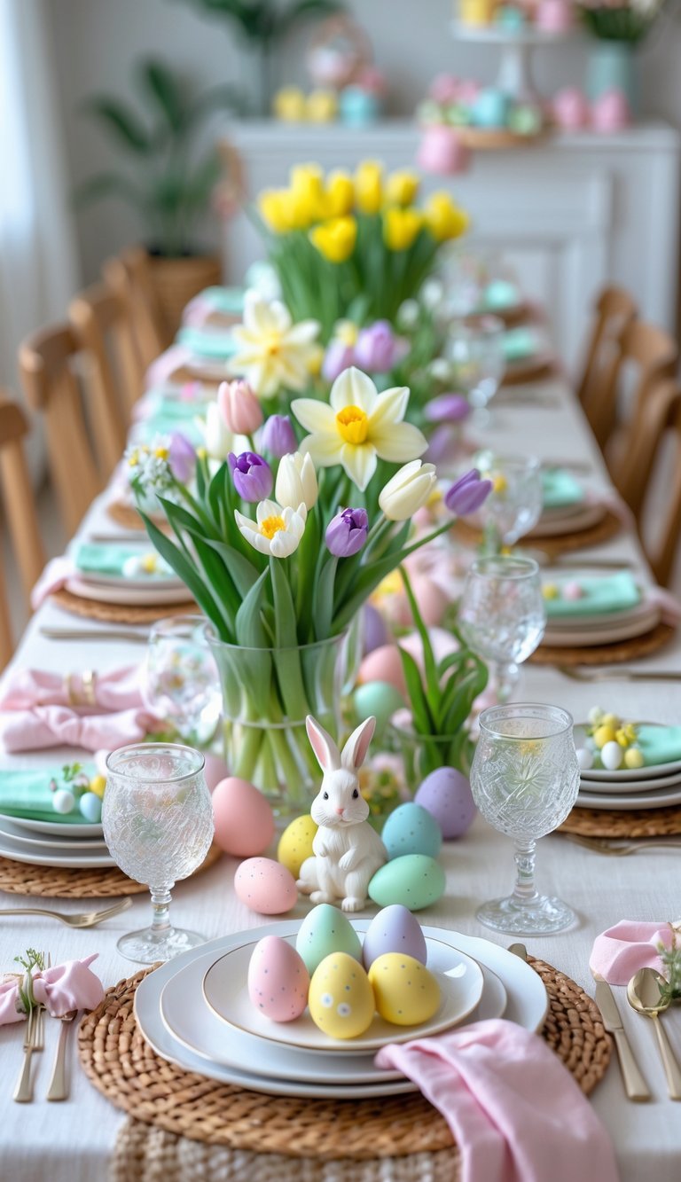 A beautifully decorated dining table set for Easter with pastel flowers, colorful eggs, plates, cutlery, and glasses arranged neatly.