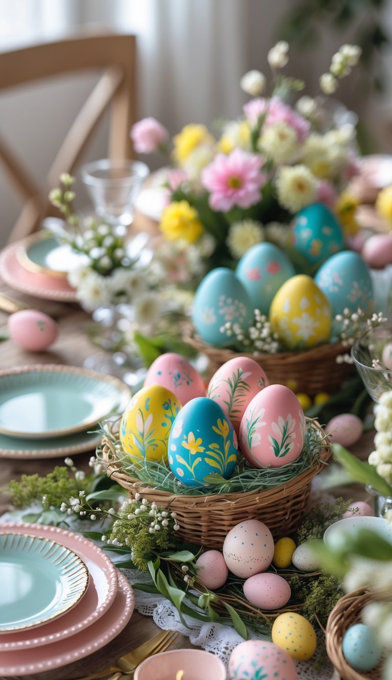 A wooden table decorated with colorful hand-painted Easter eggs, flowers, and greenery arranged for an Easter celebration.