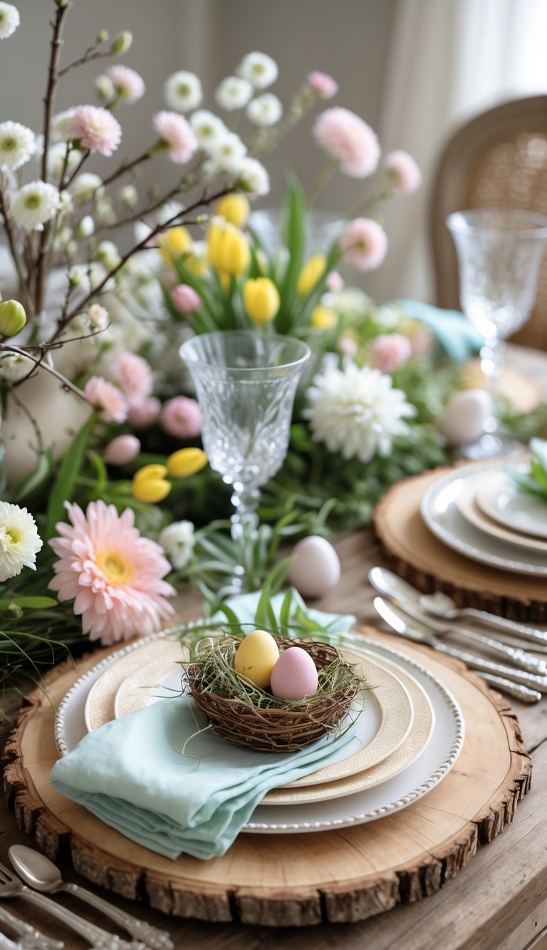 A wooden table set for Easter with rustic wood slice charger plates, spring flowers, ceramic plates, and pastel-colored napkins.