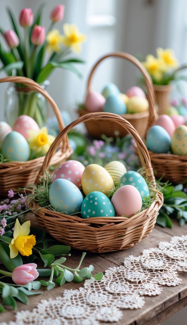 Wicker baskets filled with colorful decorative eggs arranged on a wooden table with spring flowers.