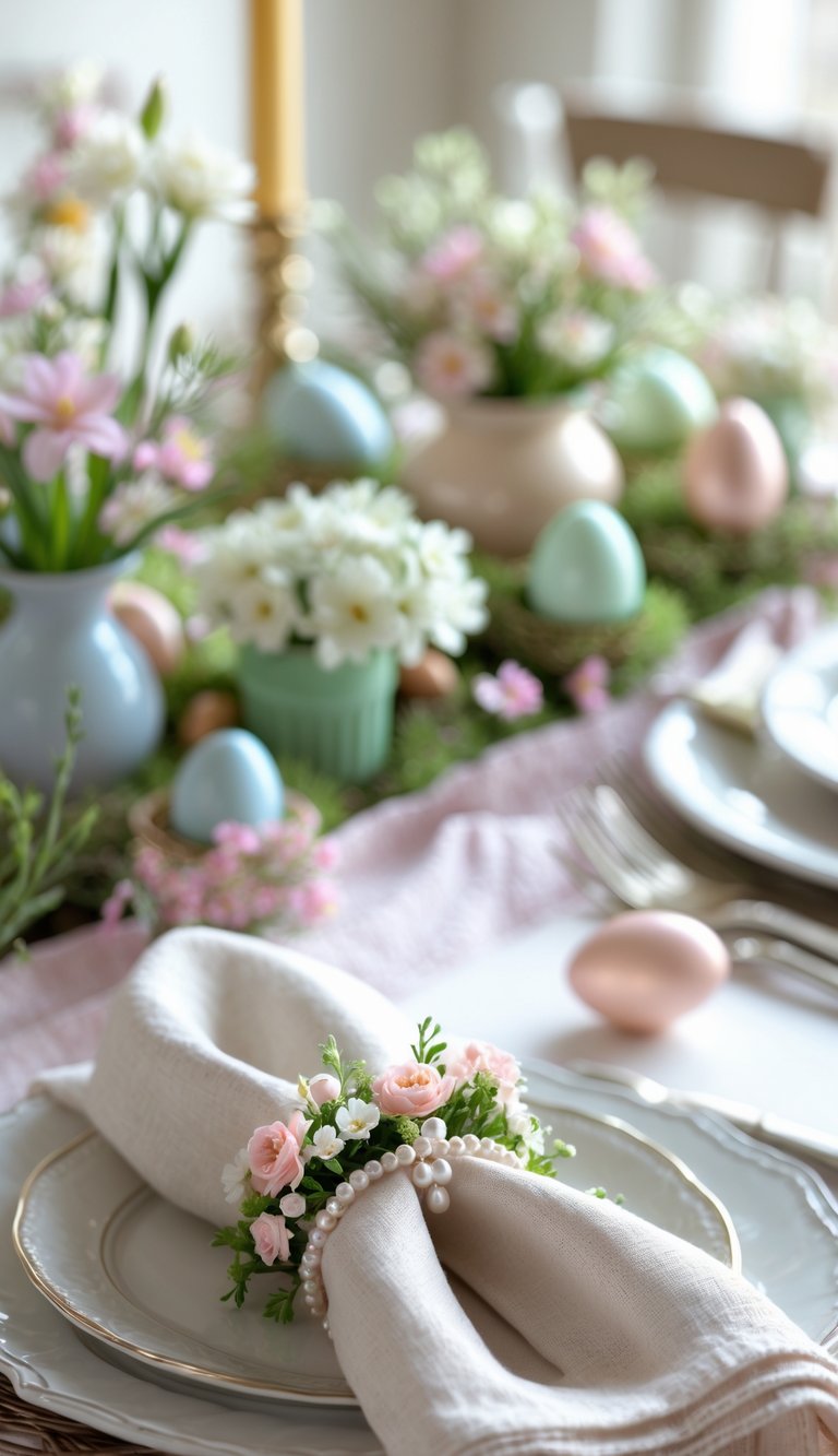 A dining table set for Easter with napkins held by pearl and floral napkin rings, surrounded by flowers, painted eggs, and greenery.