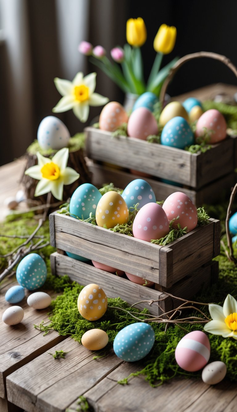 Wooden egg crates filled with colorful Easter eggs and spring flowers arranged on a rustic table.