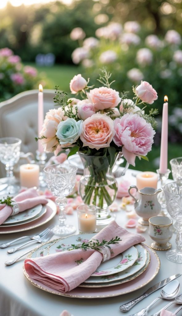 An elegant outdoor table setting with pink and white floral arrangements, crystal glassware, china plates, pink napkins, and lit candles, surrounded by a garden.