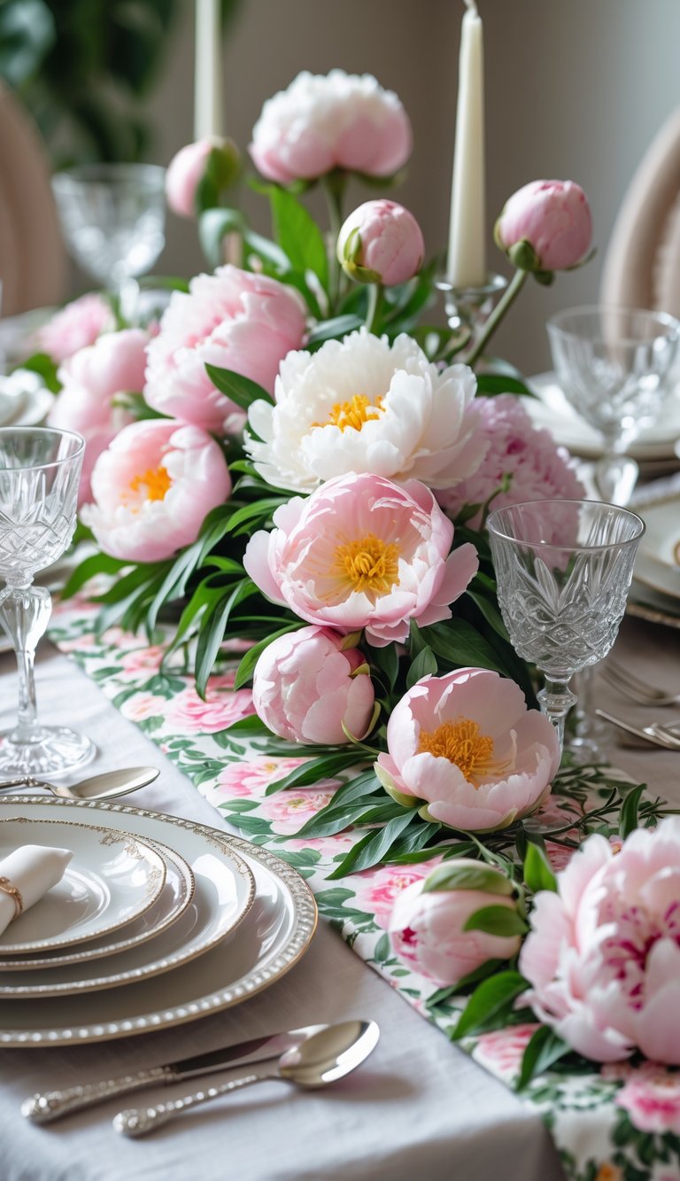 Dining table with a floral table runner decorated with fresh pink and white peonies, set with plates, glasses, and cutlery.
