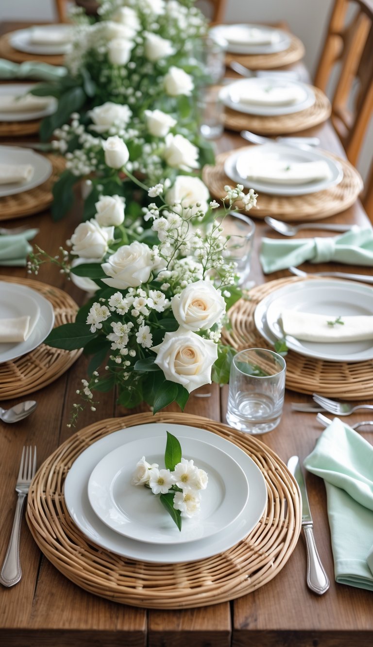 A wooden table set for Mother's Day with wicker placemats and white flowers arranged around white plates and silverware.