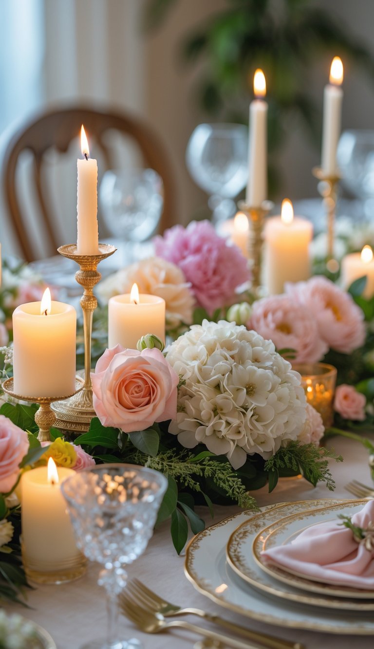 A table set for Mother's Day with a candlelight centerpiece surrounded by flowers, fine dishes, and glassware.