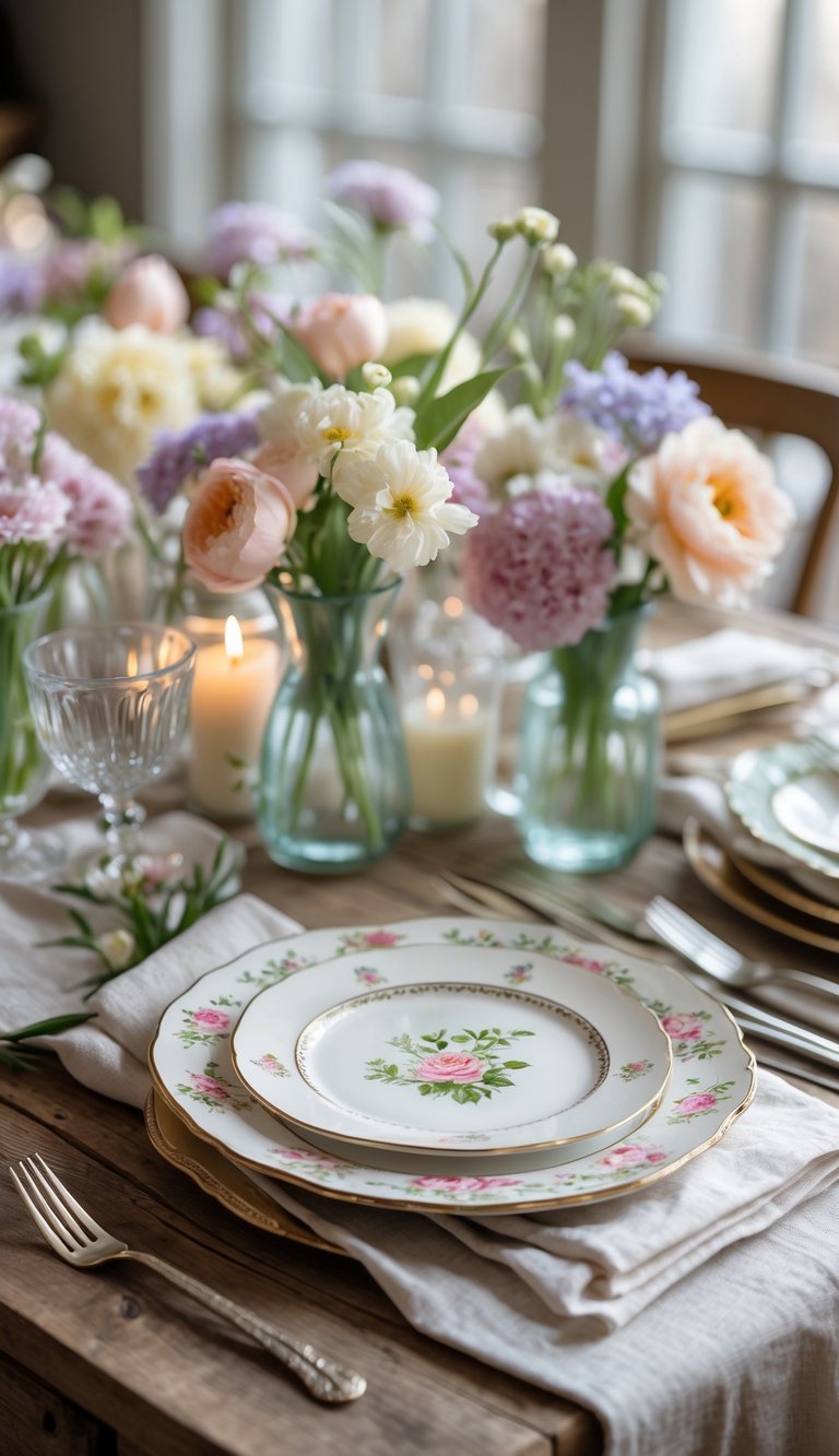 A table set for Mother's Day with vintage floral china plates, fresh flowers in vases, and elegant tableware on a wooden surface.