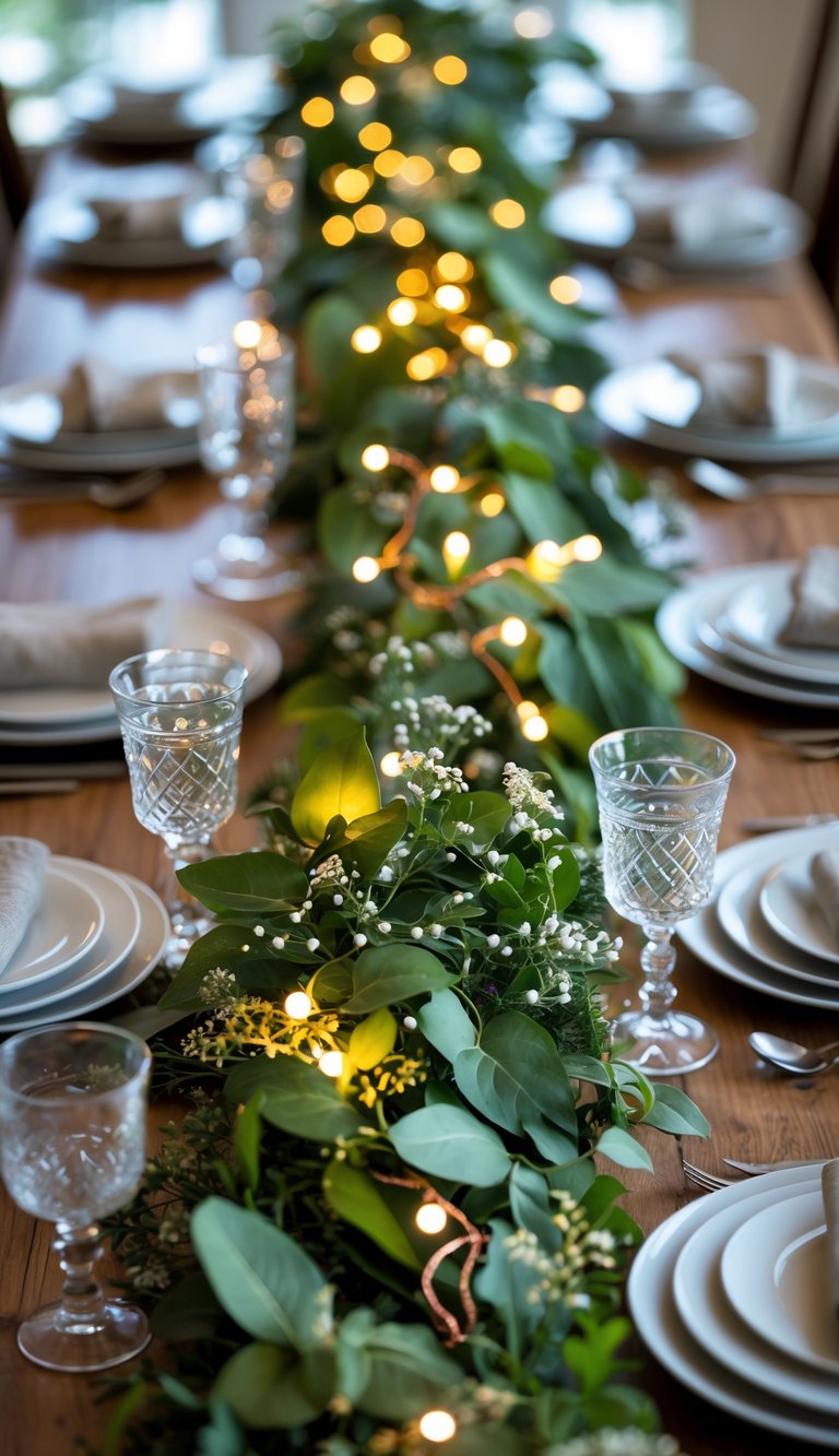A dining table decorated with a green leafy garland and fairy lights, set with plates, silverware, and glasses for a celebration.