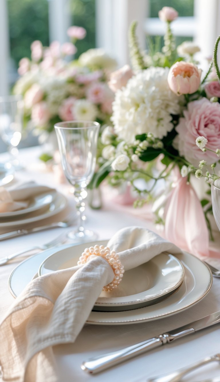 A dining table set for Mother's Day with pearl napkin holders, floral arrangements, and elegant tableware.