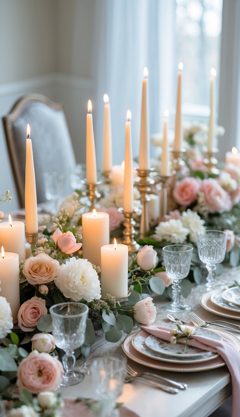 A dining table decorated with clusters of candles in different heights surrounded by flowers and tableware for a Mother's Day celebration.