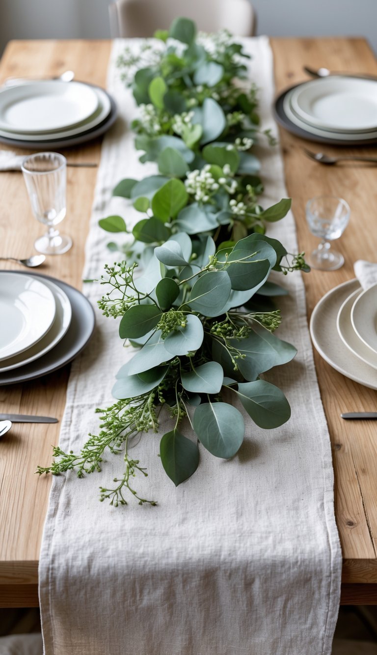 A wooden dining table with a natural linen table runner decorated with green leaves and simple table settings.