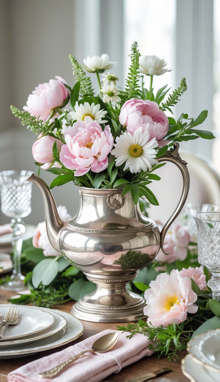 A vintage silver tea pot used as a vase holding fresh flowers on a decorated table set for Mother's Day.