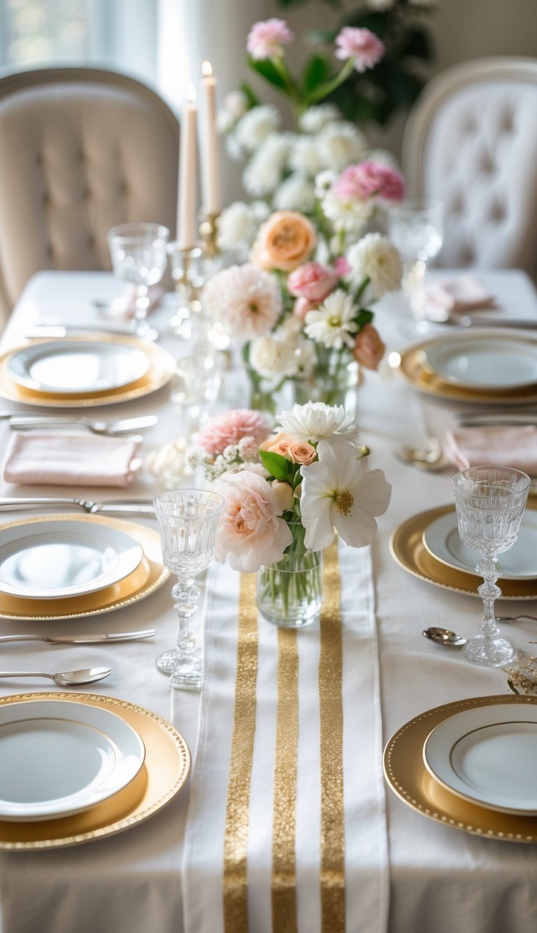 A beautifully set dining table with a white and gold striped table runner, floral centerpieces, plates, glasses, and silverware arranged for a special occasion.
