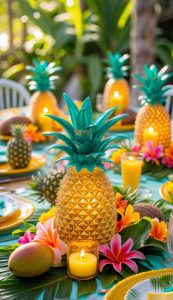 A tropical-themed table setting features pineapple centerpieces, candles, bright flowers, tropical fruit, and green leaves, with sunlight filtering through lush outdoor foliage.