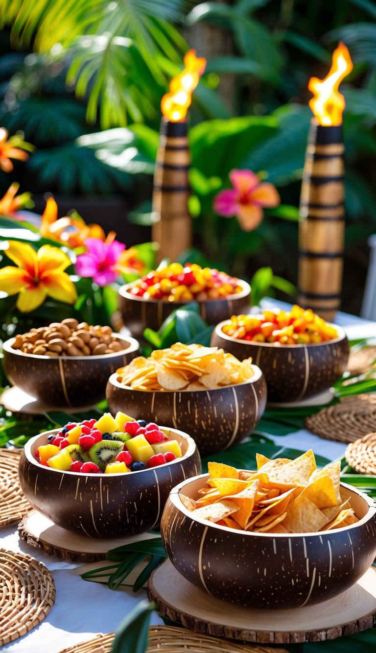 Outdoor table set with coconut shell bowls filled with snacks, surrounded by tropical flowers and greenery.