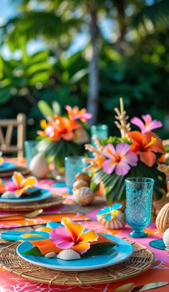 A tropical-themed outdoor table setting with blue plates, bright floral arrangements, seashells, and turquoise glasses on a vibrant tablecloth.