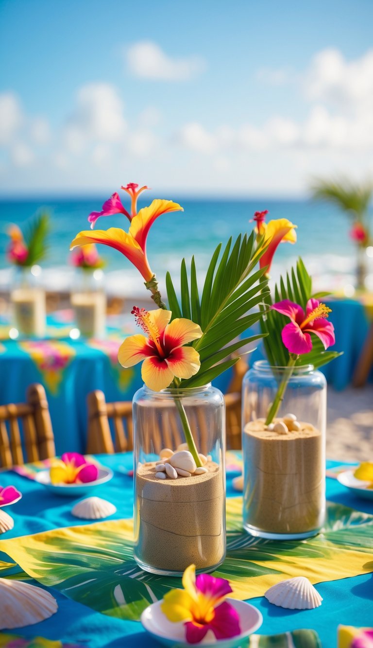 A beach-themed table setting with glass vases filled with sand and decorated with tropical flowers and leaves.