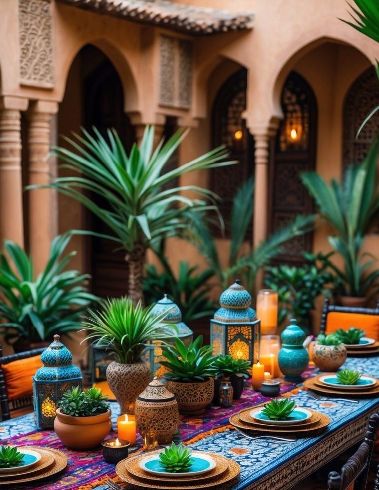 A long table with patterned tiles is set with colorful plates, woven placemats, lanterns, potted plants, and candles in a courtyard with arches and lush greenery.