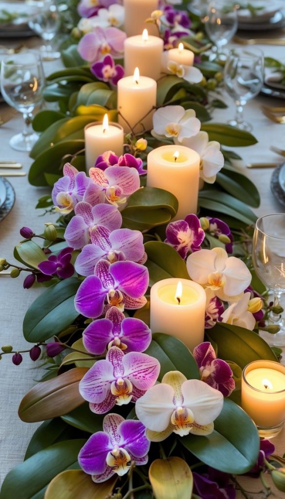 A long dining table decorated with white and purple orchids, green leaves, and lit white pillar candles arranged along the center.
