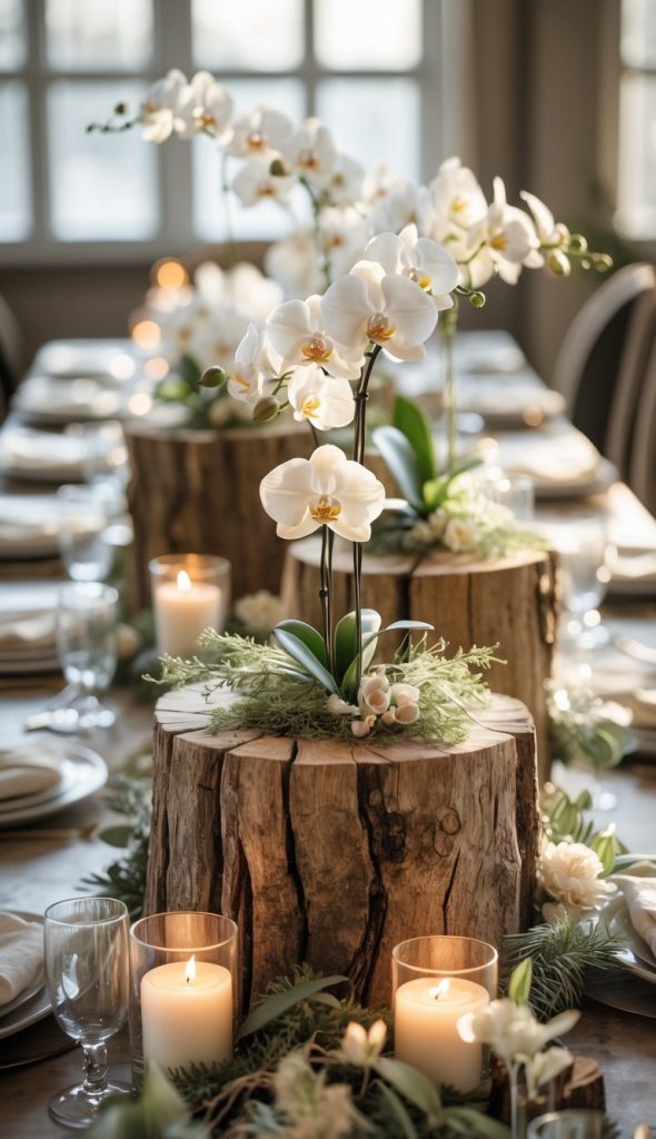A dining table decorated with wooden log centerpieces, white orchids, greenery, and lit candles, set for a formal meal in natural light.