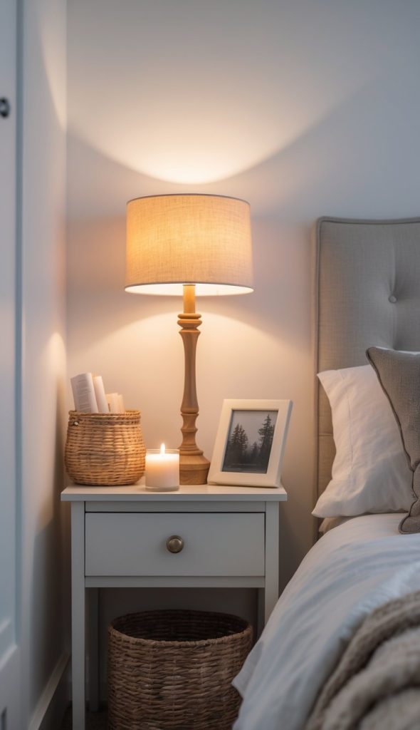 A bedside table with a lit lamp, a framed photo, a wicker basket with books, a burning candle, and a bed with white linens.