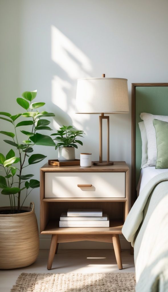 A wooden nightstand with a lamp, two potted plants, books, and a candle beside a neatly made bed in a bright, modern bedroom.