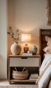 A wooden bedside table with a lamp, ceramic vases, stacked books, and a woven basket underneath, beside a bed with neutral bedding.