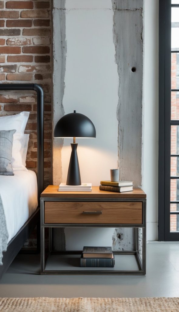 A wooden nightstand with a drawer holds a black lamp, books, and a cup next to a bed in a modern room with exposed brick and concrete walls.