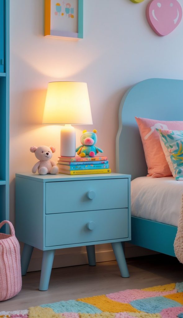 A blue nightstand with two drawers holds a lamp, a teddy bear, a toy, and stacked children's books next to a bed in a brightly decorated kids' bedroom.