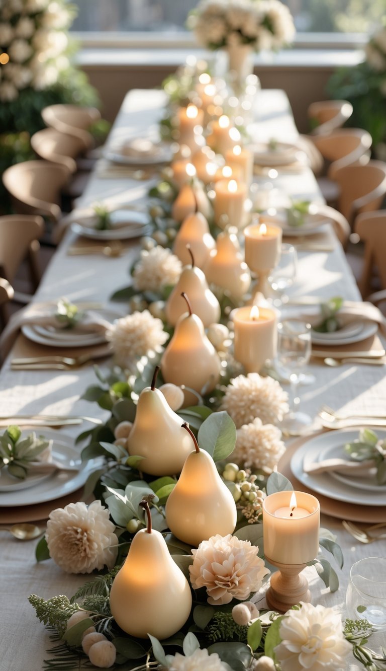 A long dining table is decorated with white flowers, greenery, candles, and decorative pears, set for a formal event with neatly arranged plates and glasses.