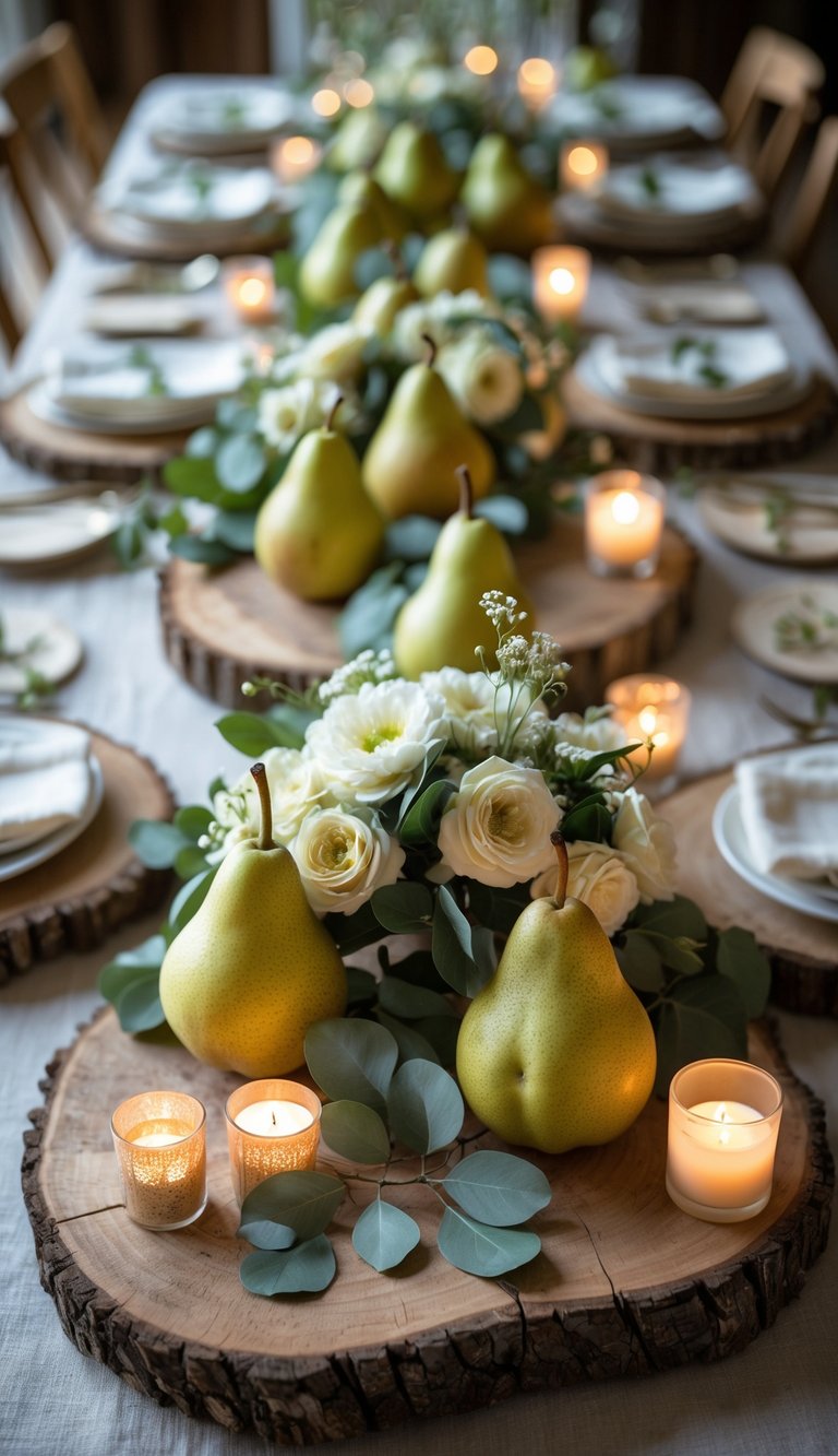 A full table view with pears, flowers, candles, and rustic wooden slabs arranged as a centerpiece on a dining table.