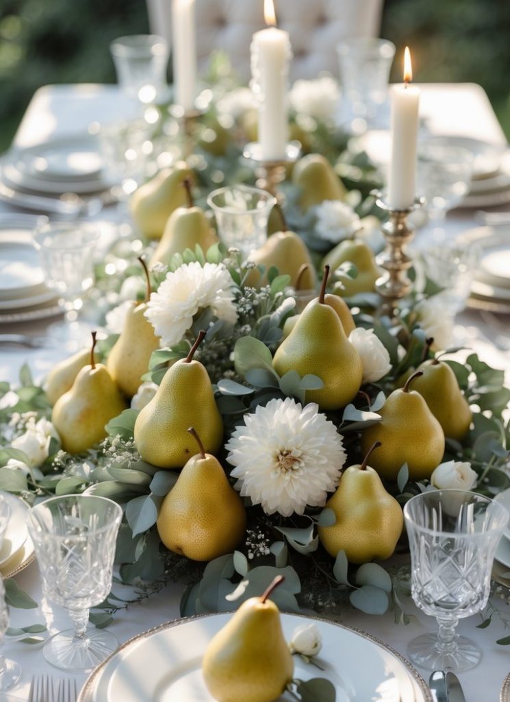 A formal dining table is set with white plates, glassware, and silver candlesticks. The centerpiece features pears, white flowers, and greenery. Each place setting has a pear and greenery.