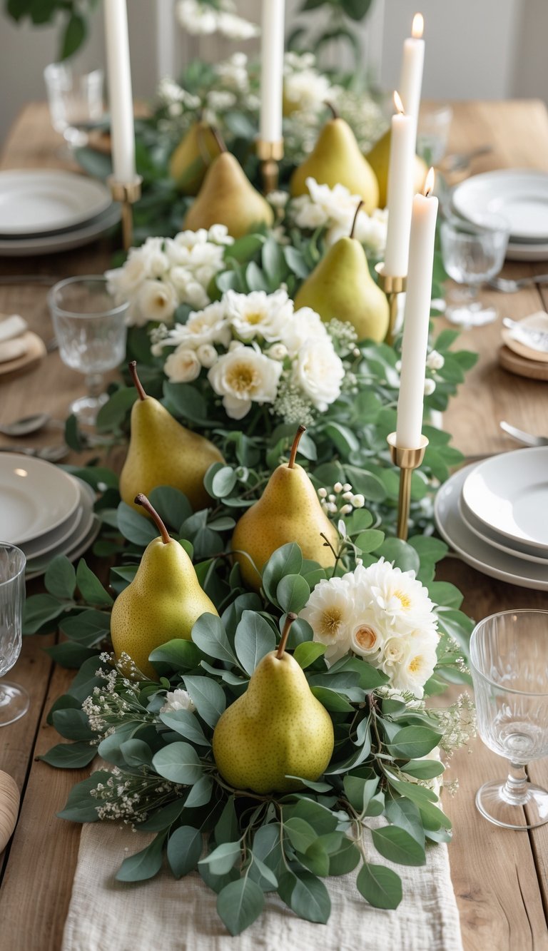 A summer tablescape featuring a wooden table set with pears, candles, and white flowers arranged as a centerpiece, with glassware and natural light illuminating the scene.
