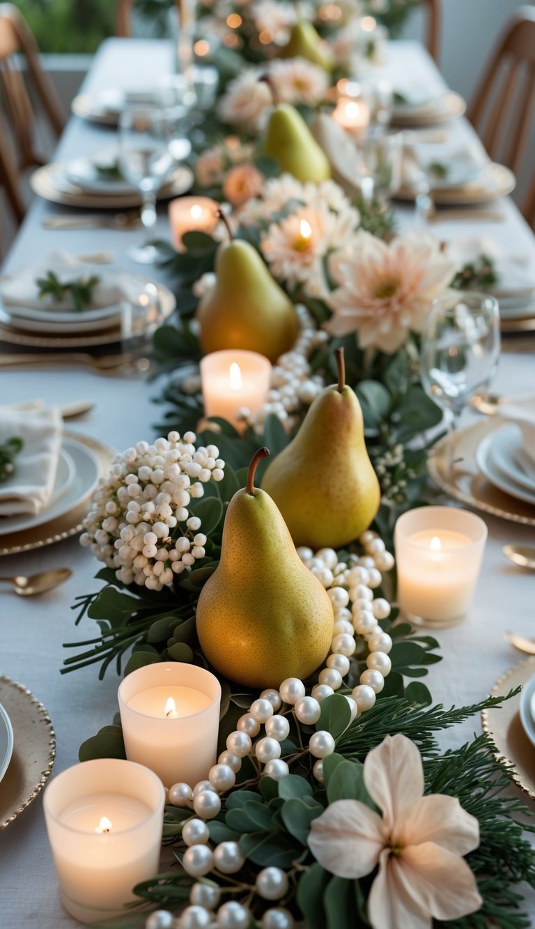 A full view of a decorated table with pears, pearls, flowers, and candles arranged in the center.