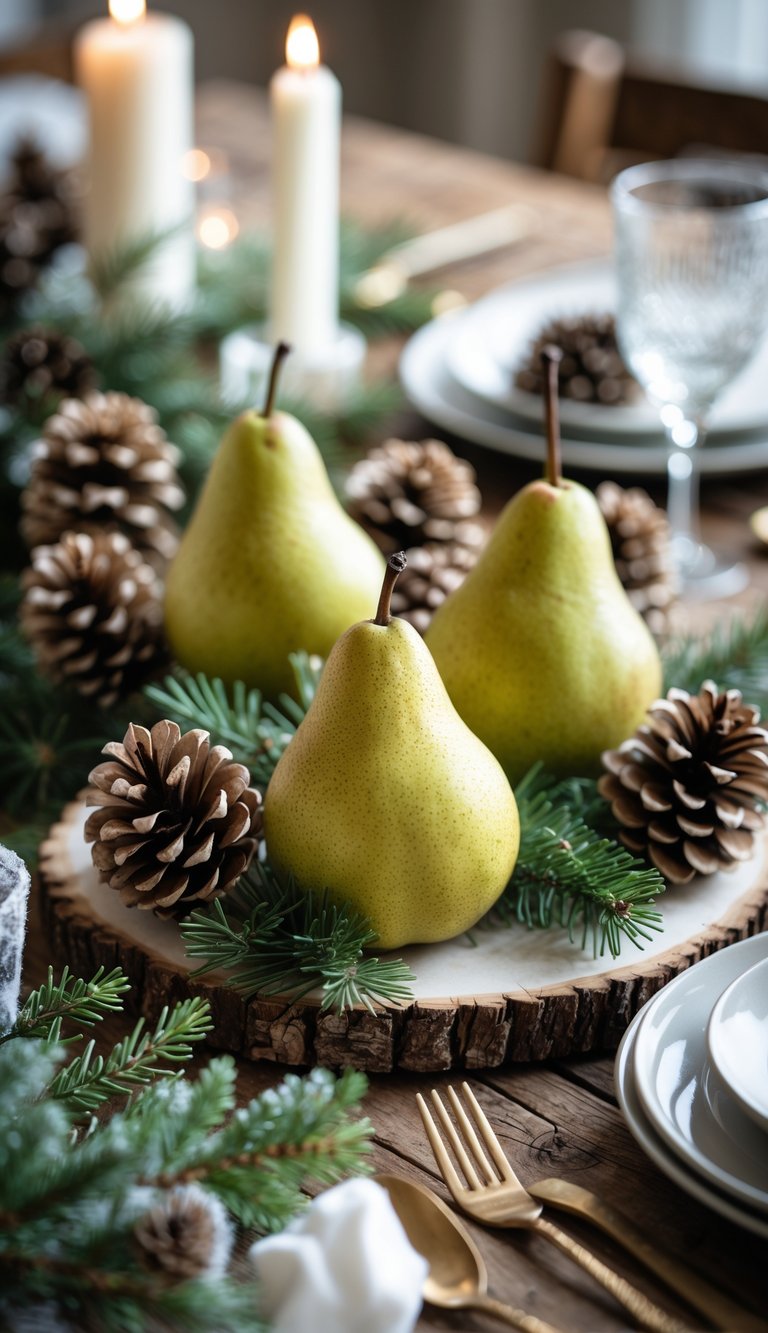 A winter table setting with green pears and pinecones arranged among evergreen sprigs and candles on a wooden surface.