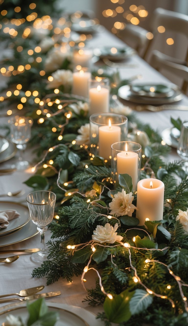 A beautifully decorated table with greenery garlands intertwined with fairy lights, candles, and floral centerpieces, set for a festive event.