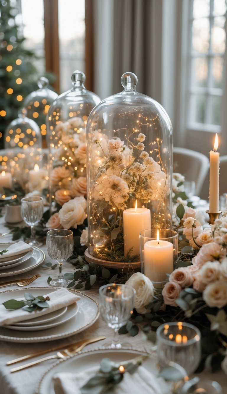 A full view of a decorated table with glass cloches containing fairy lights, surrounded by flowers and lit candles.