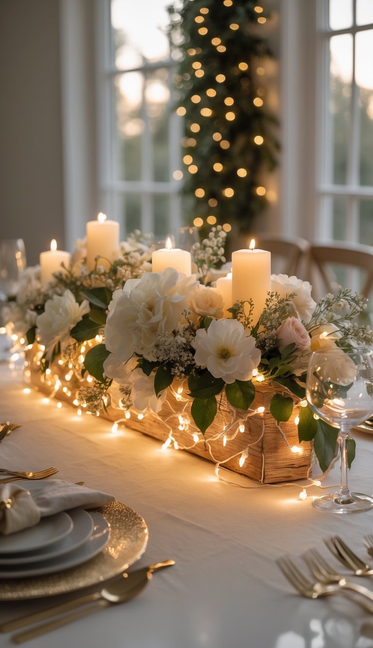 A decorated event table with silk flowers, fairy lights, and candles arranged as a centerpiece under natural daylight.