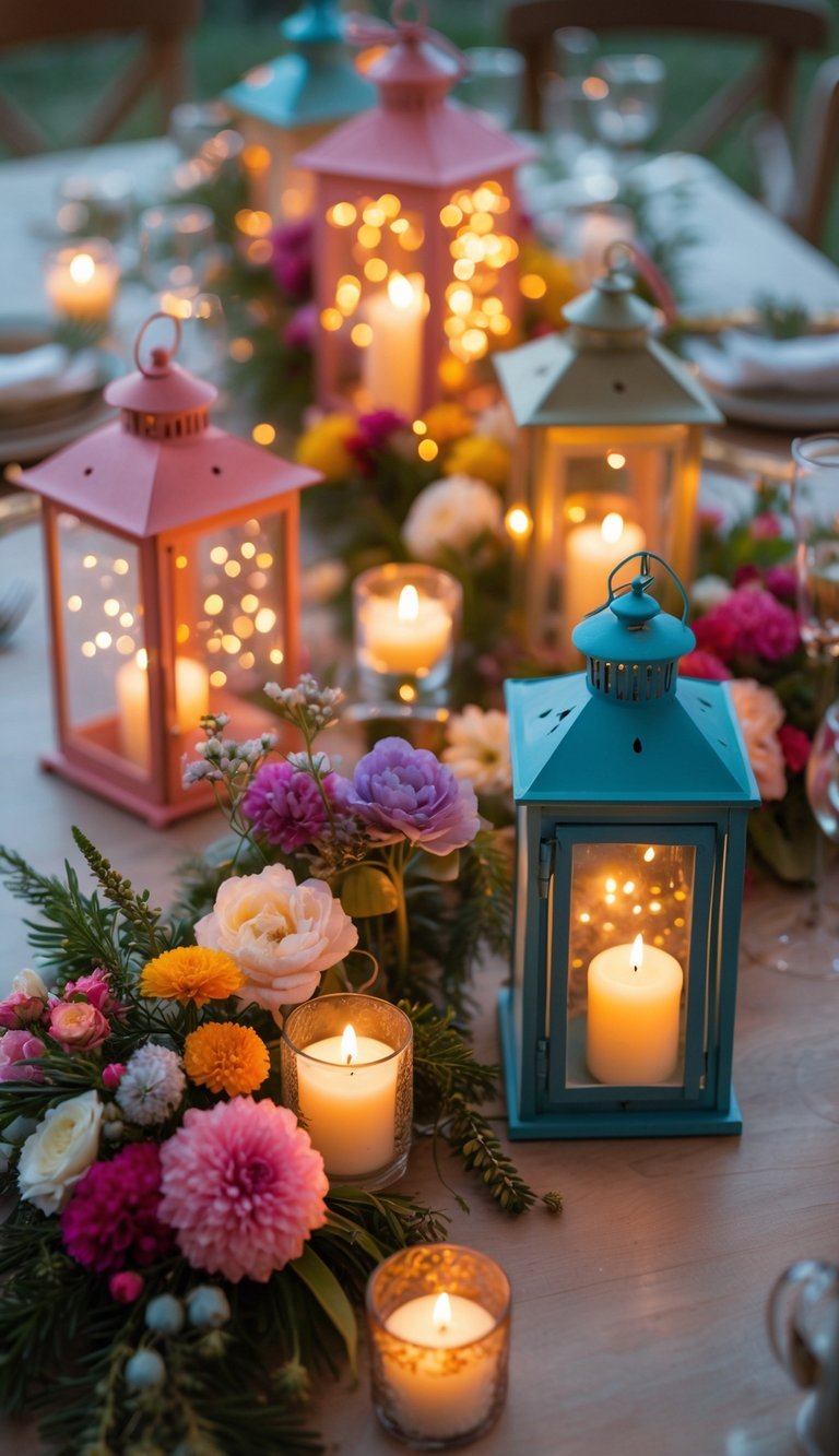 A full view of a decorated table with colorful lanterns containing fairy lights, surrounded by candles and floral centerpieces.