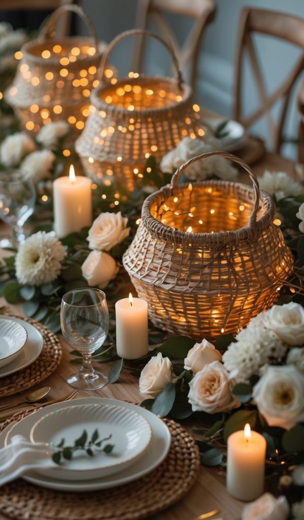 A decorated dining table with woven placemats, white plates, gold cutlery, candles, white flowers, and wicker lanterns with string lights.