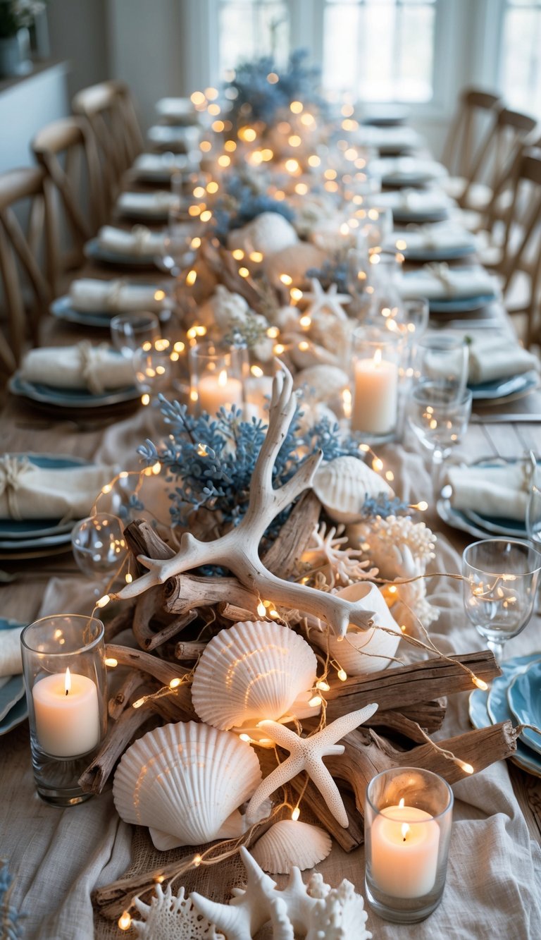 A seaside-themed holiday table decorated with seashells, fairy lights, candles, and coastal flowers arranged in a balanced and elegant setting.