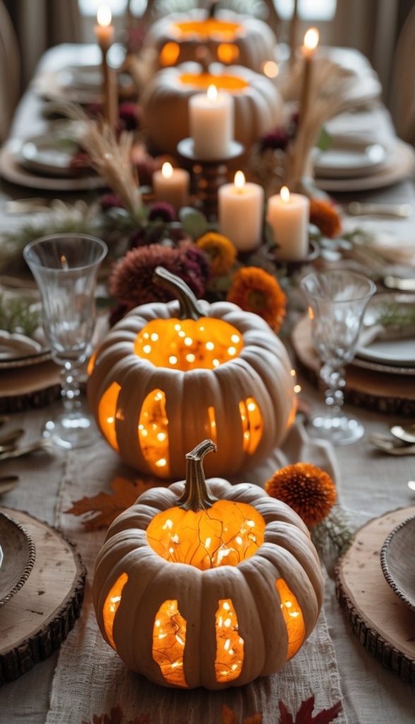A dining table decorated for autumn with carved white pumpkins lit from inside, candles, flowers, and wooden place settings.