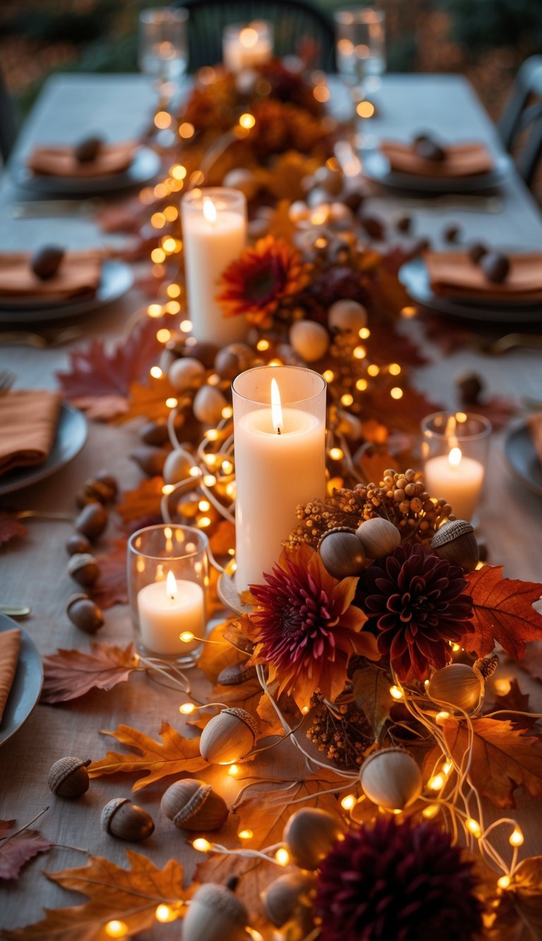 A full view of a decorated table with fairy lights, autumn leaves, acorns, candles, and floral centerpieces.
