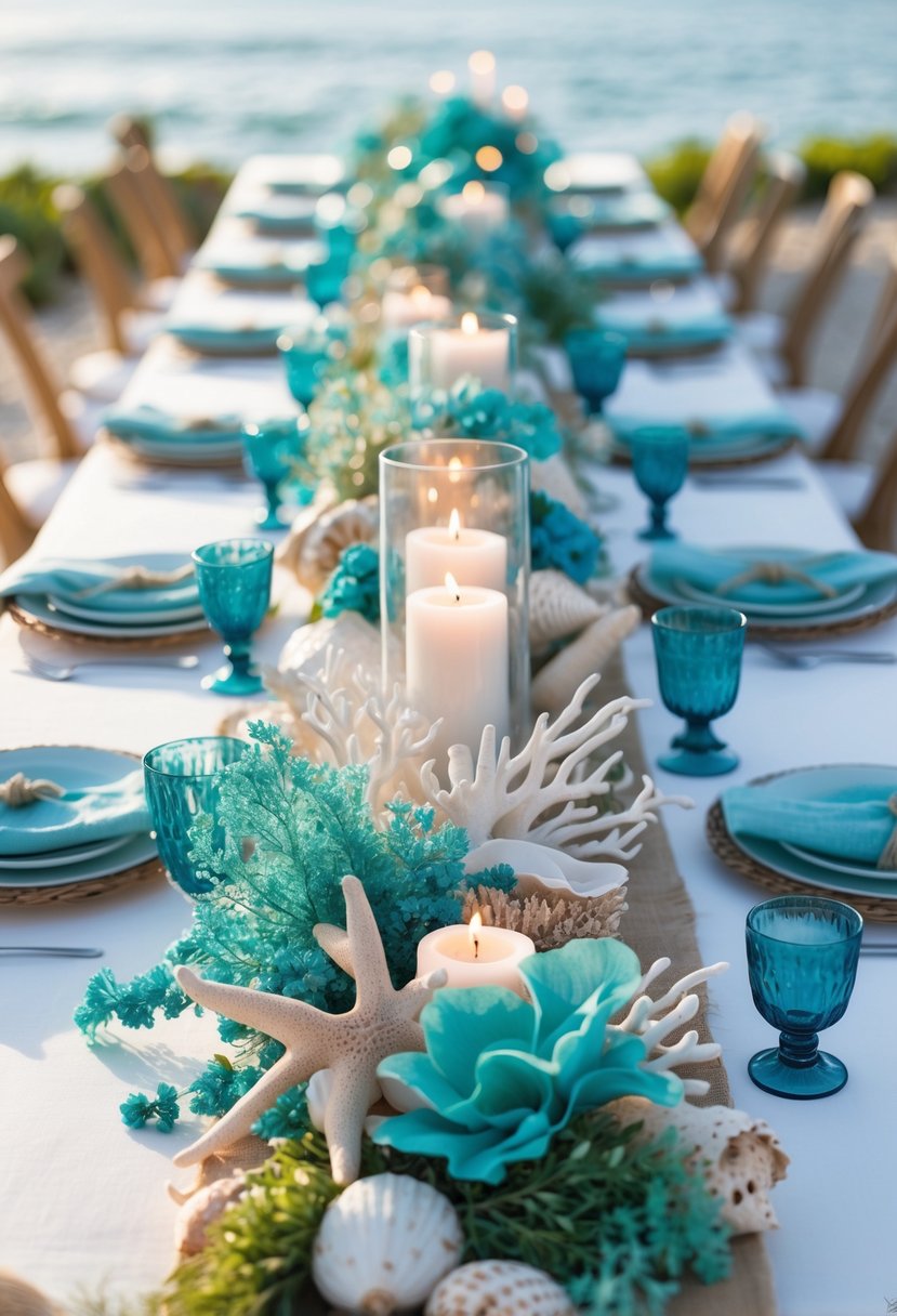 A long dining table set outdoors near the ocean with seashell and floral centerpieces, candles, plates, and glassware arranged for a festive event.