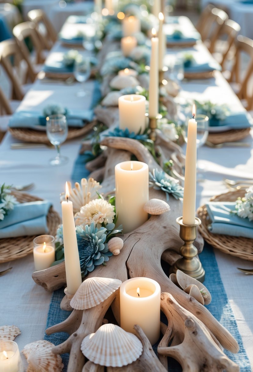 A full view of a table set with a driftwood centerpiece, candles, and flowers, decorated in a calm ocean theme.