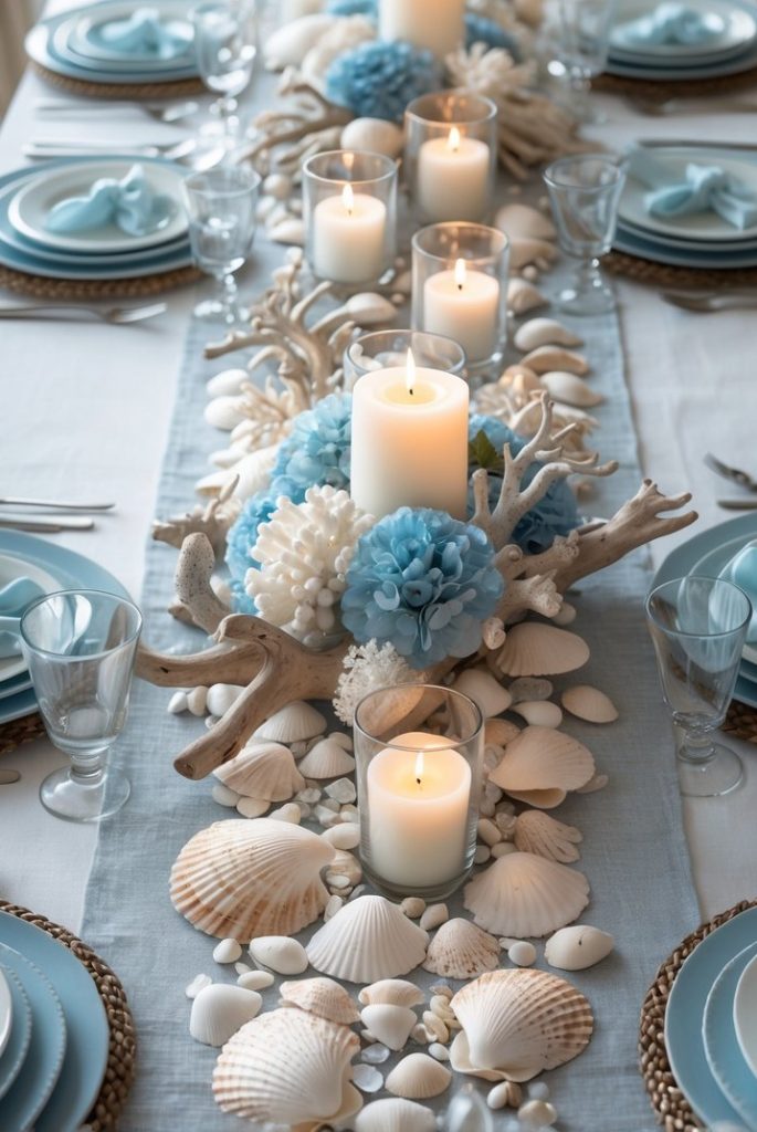 A table set with blue and white plates, glassware, and napkins, featuring a centerpiece of candles, seashells, coral, and blue flowers on a white tablecloth.