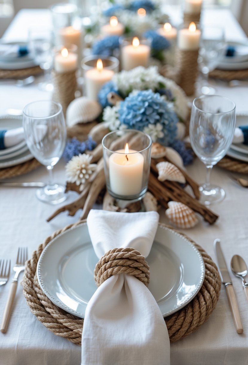 A nautical-themed table set with rope napkin rings, seashell centerpieces, candles, and blue and white flowers under natural daylight.