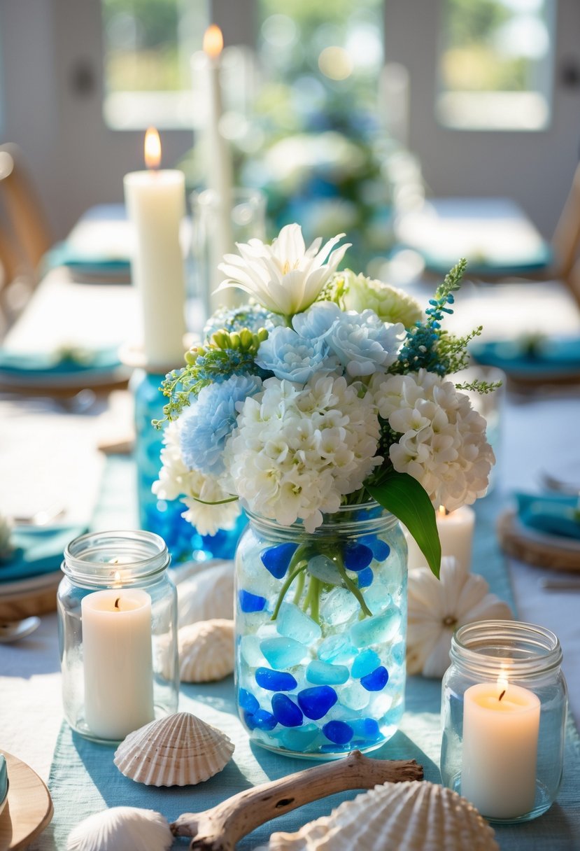 A full view of a table set with glass jars filled with sea glass, candles, and floral arrangements, decorated with ocean-inspired accents.