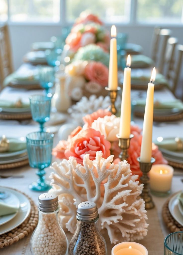 A table set for a meal features blue glassware, white and coral flowers, candles, and coral decor, with salt and pepper shakers in the foreground.