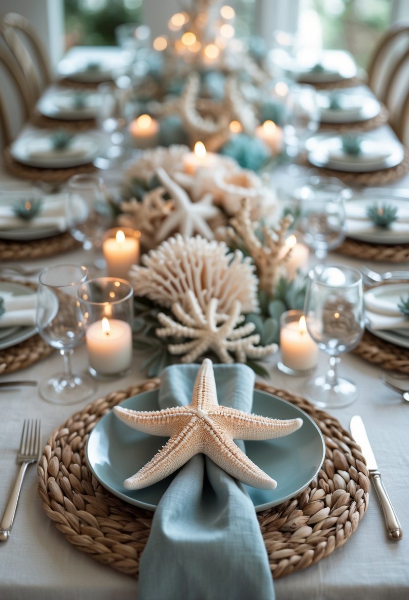 A full view of a table set for an event with starfish napkin holders, seashell centerpieces, candles, and floral decorations.